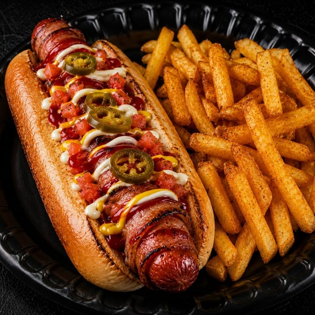 The Works Hot Dog w/Bacon.